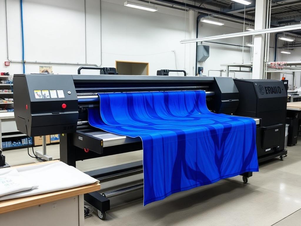 Impressora industrial de sublimação imprimindo tecido azul cobalto na fábrica Lynx Sports